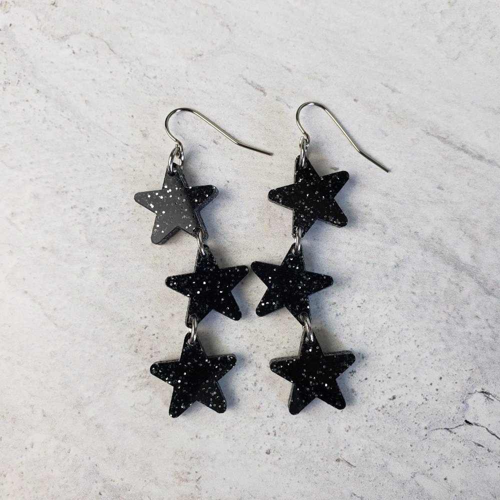 Star Dangle Earrings, Black and Silver Glitter Acrylic, Handmade